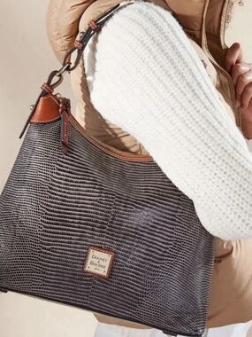 Dooney & Bourke Brown Lizard-Embossed Shoulder Bag with Tan Trim